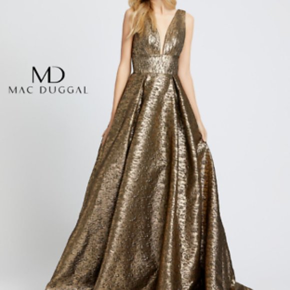 Mac Duggal Gold Prom Dress with Shimmering Finish - Picture 2 of 6